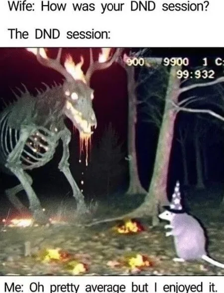 A dark forest scene shows a large, skeletal, flaming deer-like monster facing a small, purple rat wearing a party hat. The…