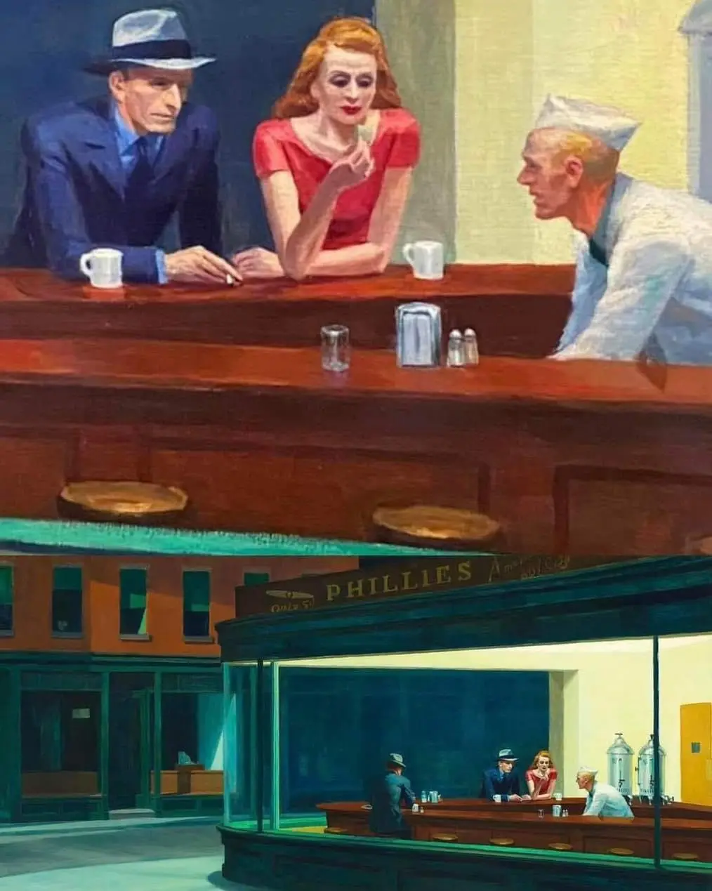 This image is a composite of Edward Hopper's famous painting 'Nighthawks' with a humorous overlay. The top half shows a…