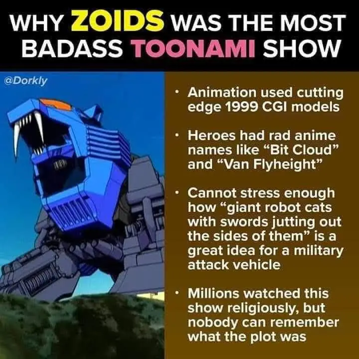 A blue, feline-shaped giant robot with sharp teeth and a mechanical body stands against a blue sky. Overlaid text lists…