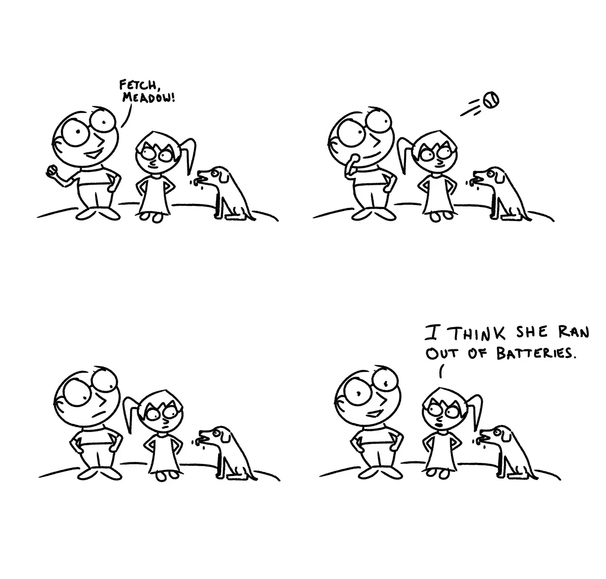 A four-panel black-and-white comic strip shows a boy and girl playing fetch with their dog, Meadow. In the first panel, the…