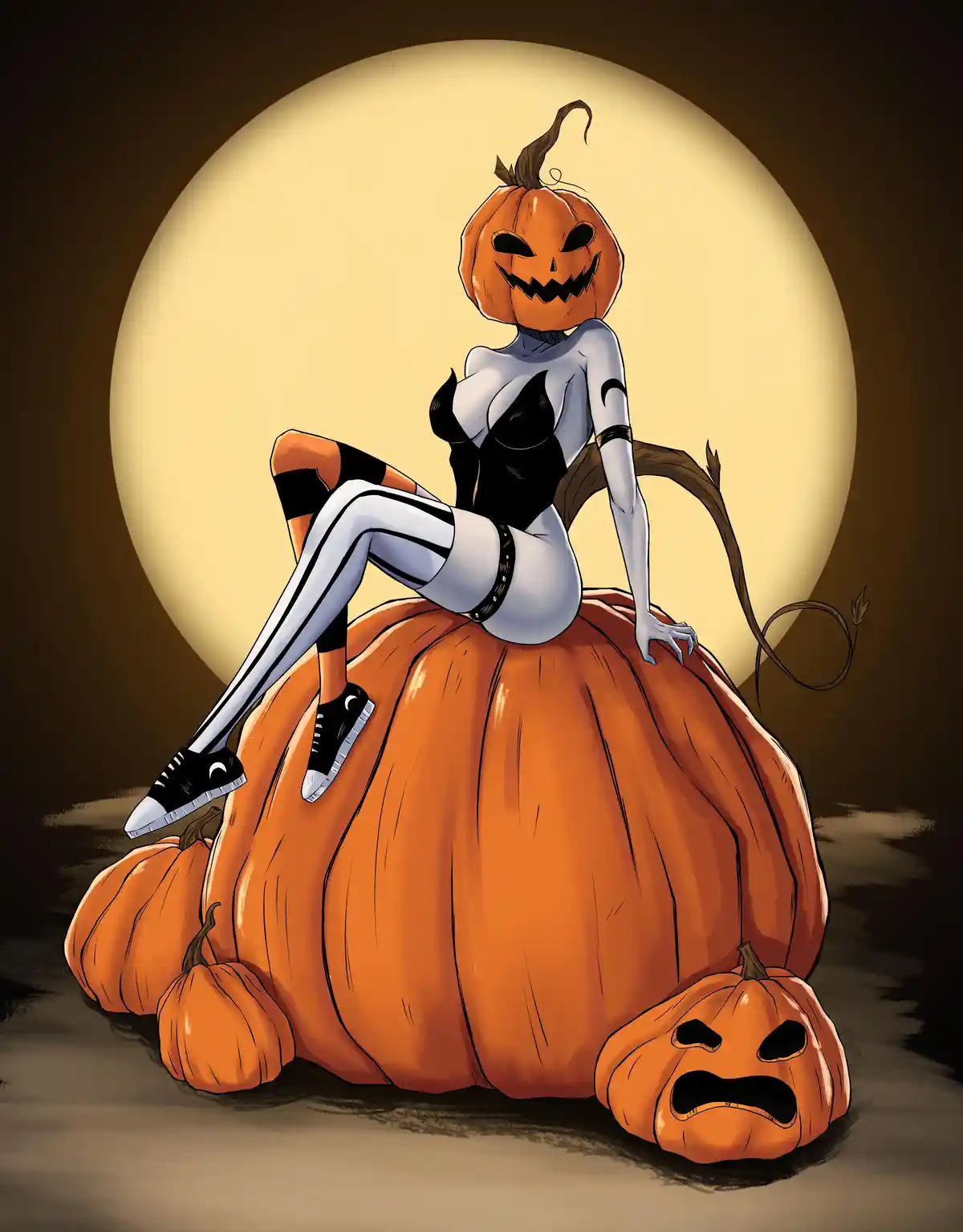 A cartoonish female figure with a jack-o'-lantern head and a devil's tail sits confidently atop a giant pumpkin, wearing a…