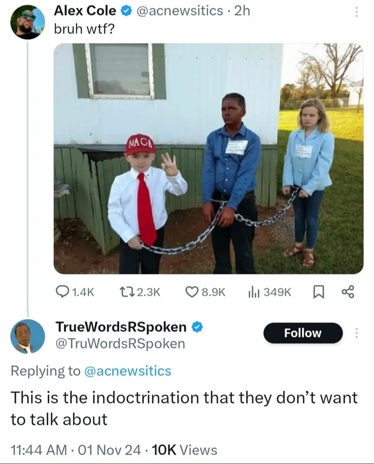 Three children stand outside a building; a boy in a MAGA hat and red tie holds a chain attached to two other children, who…