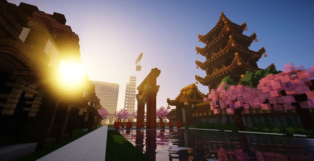 A Minecraft scene featuring traditional Japanese-style buildings, cherry blossom trees, and a torii gate, with modern…