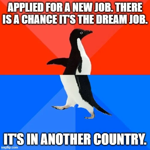 The image features the well-known 'Succession' penguin meme template, showing a penguin walking upward on a red background…