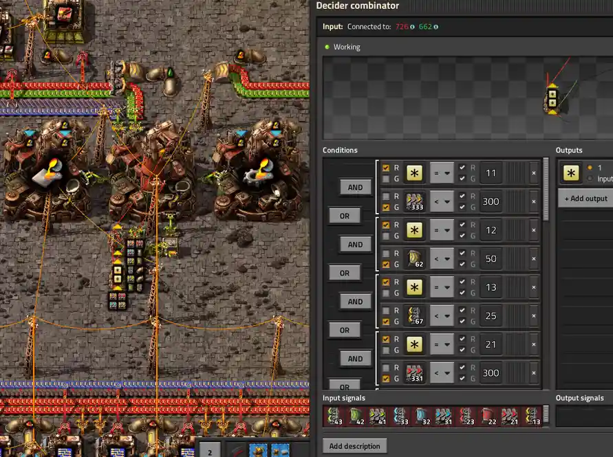 A screenshot from the game Factorio showing a complex factory setup with a decider combinator configuration panel open. The…
