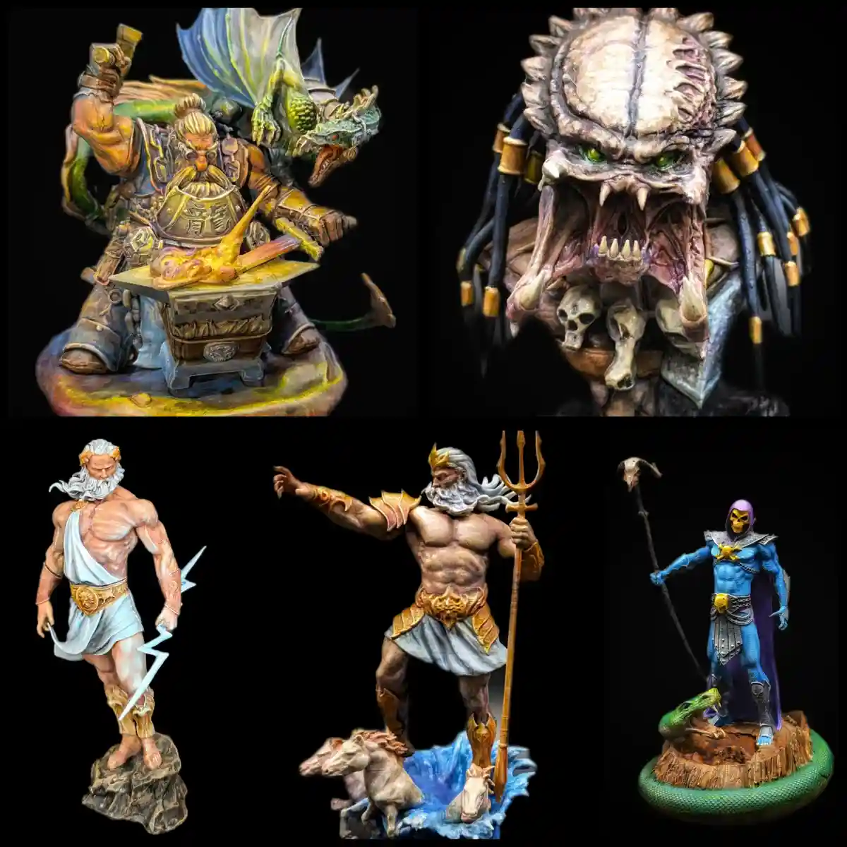 A collage of four detailed fantasy/sci-fi figurines: a dwarf blacksmith with a dragon, a Predator, two versions of Poseidon…