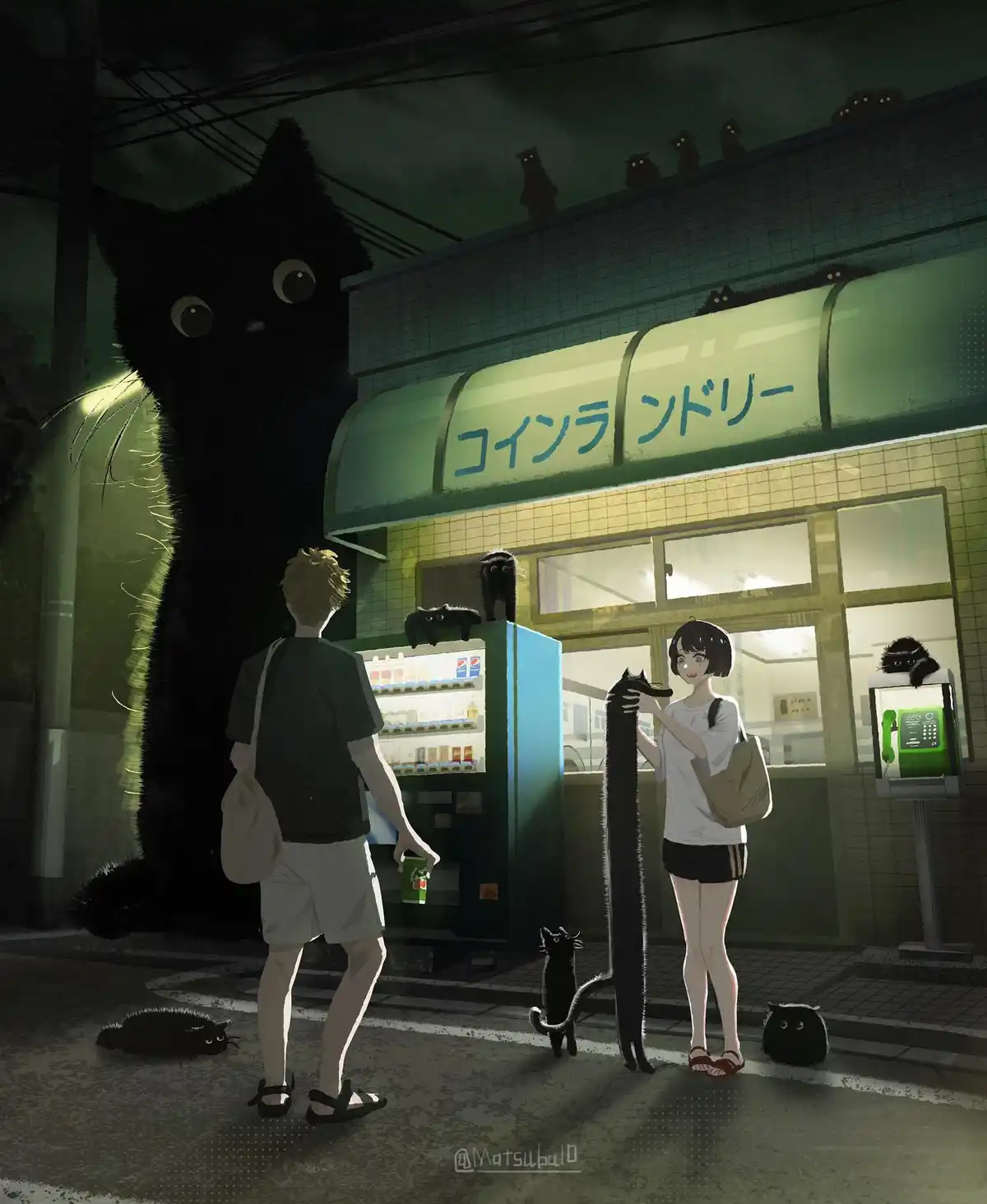 An anime-style illustration depicts a nighttime scene outside a coin laundry, where a giant black cat looms behind a man…