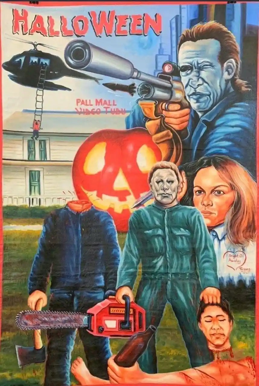 A parody movie poster for 'Halloween' features Michael Myers holding a chainsaw and a bottle, with a giant pumpkin, a…