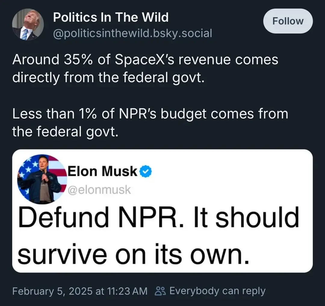 A screenshot of a social media post by 'Politics In The Wild' displays two facts: 'Around 35% of SpaceX's revenue comes…