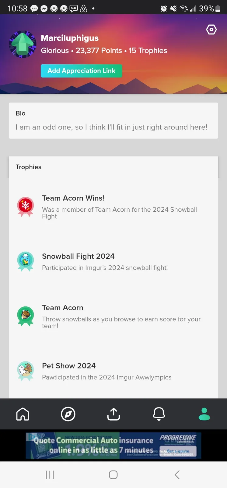 A screenshot of an Imgur user profile for 'Marciluphigus' showing a bio that reads 'I am an odd one, so I think I'll fit in…