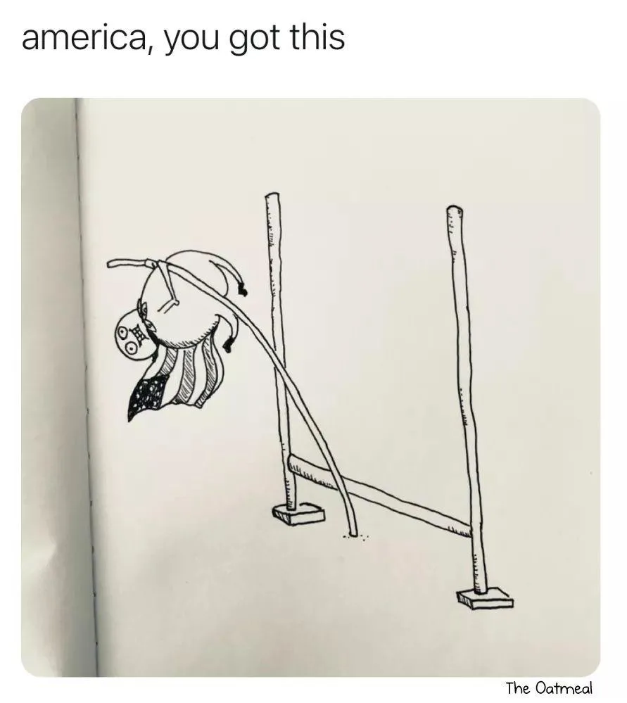 A black-and-white sketch shows a cartoonish figure wearing a hat and an American flag-patterned cape, hanging upside down…