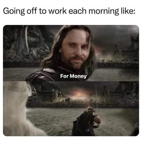 The meme features two panels from 'The Lord of the Rings'. The top panel shows Aragorn looking determined with the text 'For…