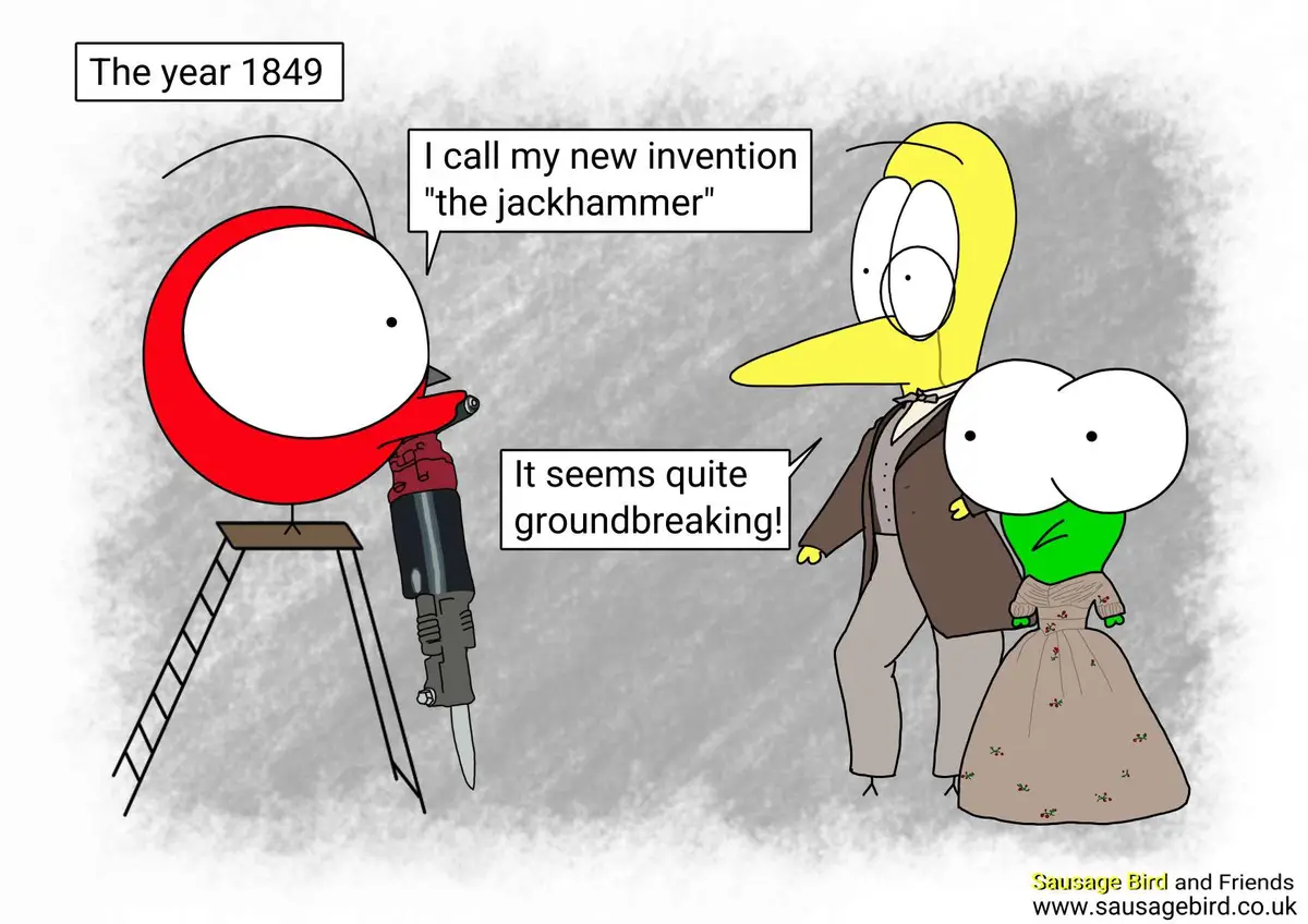 In 1849, a cartoon bird with a red body and white face holds a jackhammer on a stand, presenting it to a yellow-beaked man…