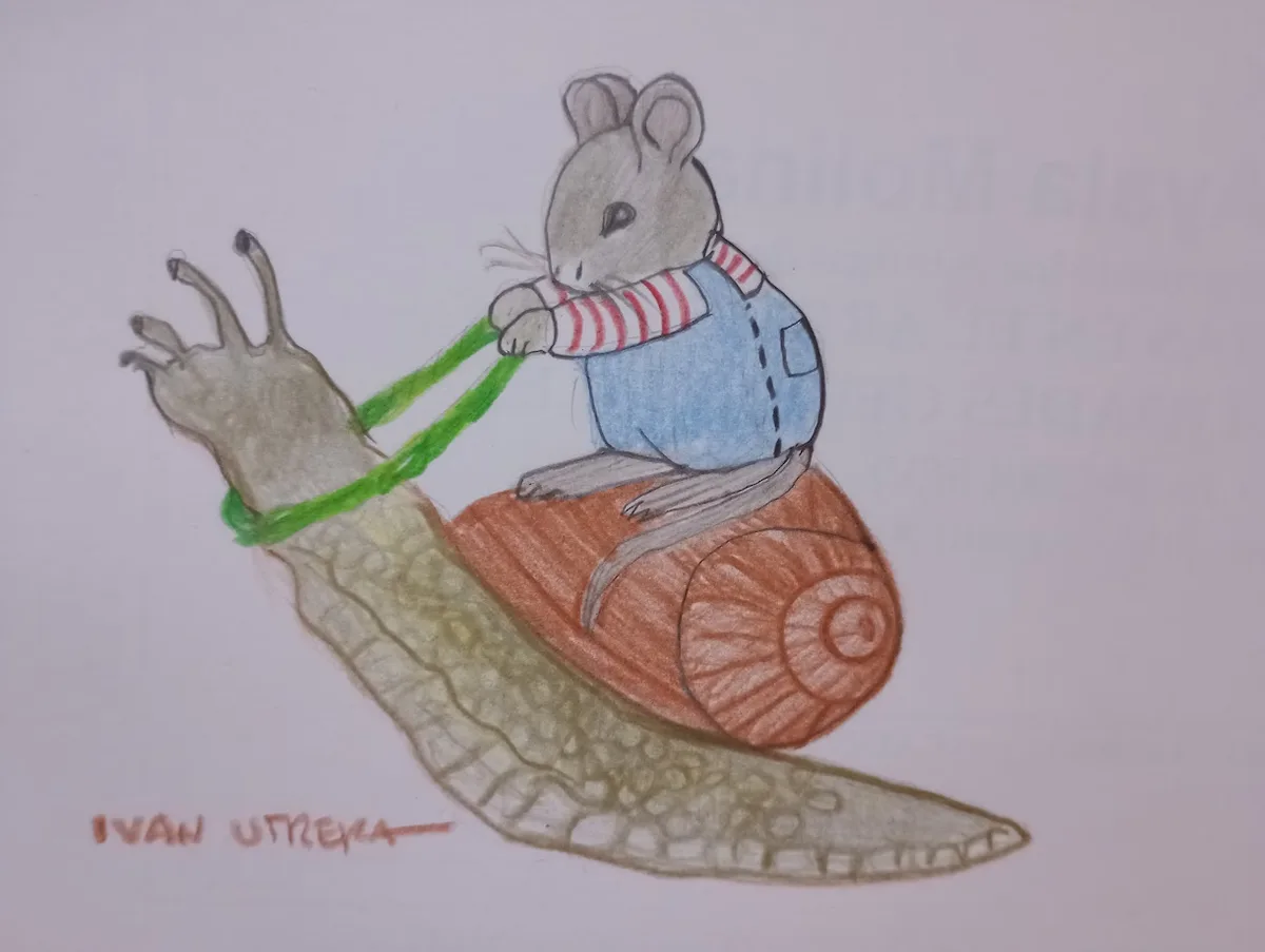 A hand-drawn colored pencil illustration shows a small mouse wearing a red-and-white striped shirt and blue overalls…