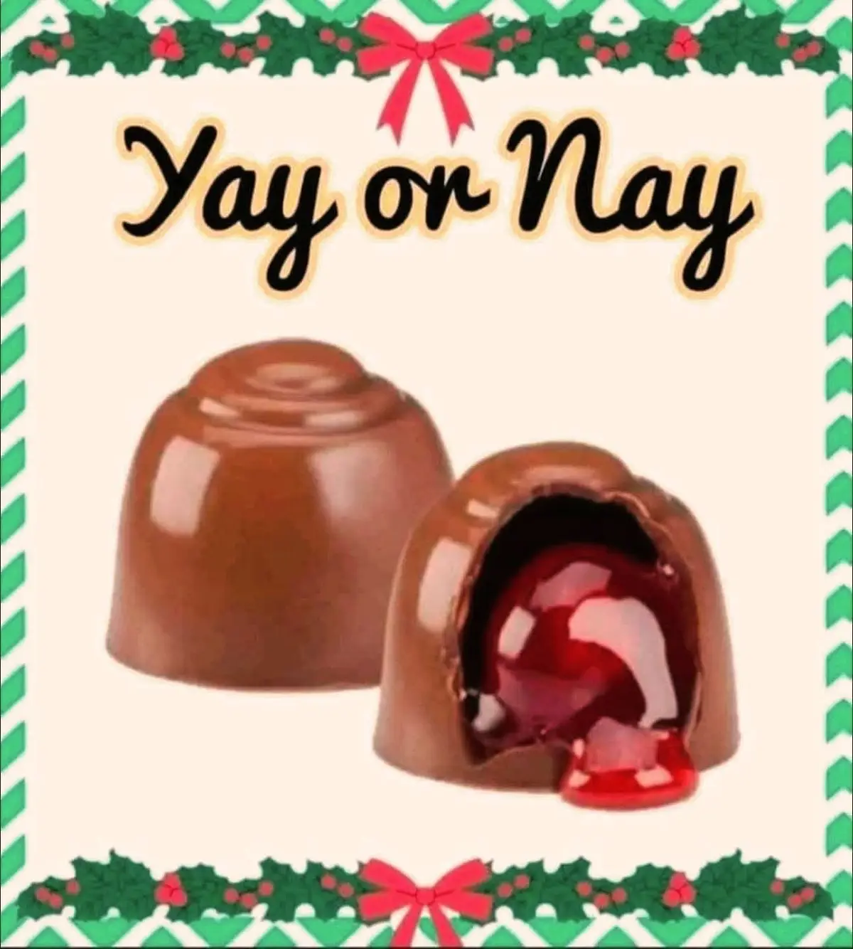 The image displays two chocolate truffles against a festive background with green holly and red bows. One truffle is whole…
