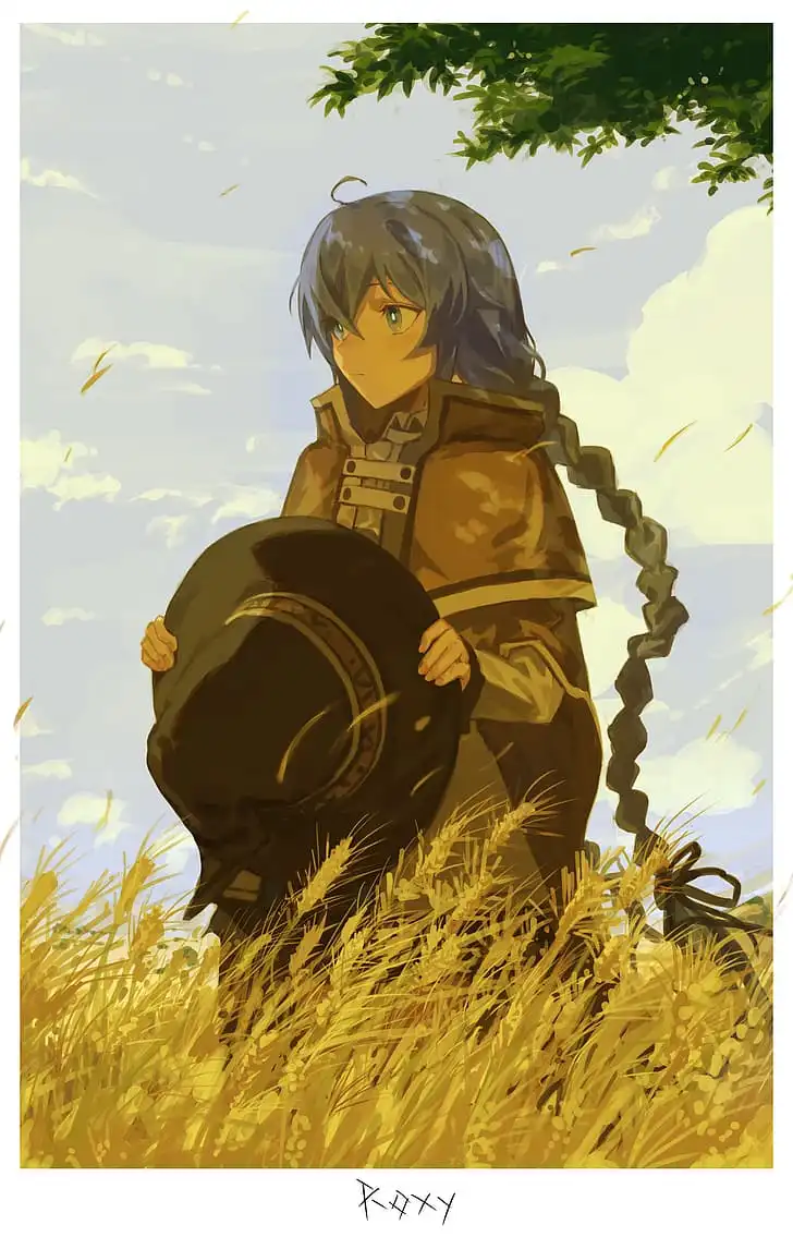 An anime-style illustration shows a young person with long braided hair, wearing a brown coat, standing in a field of golden…