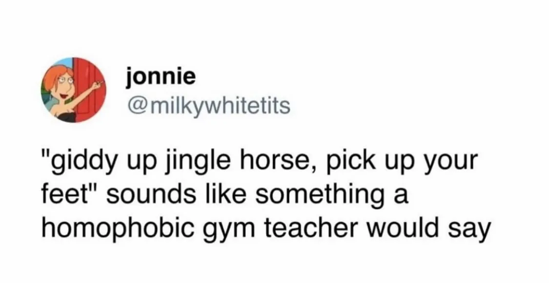 A screenshot of a tweet from user 'jonnie' (@milkywhitetits) featuring a cartoon avatar of a woman with red hair pointing…