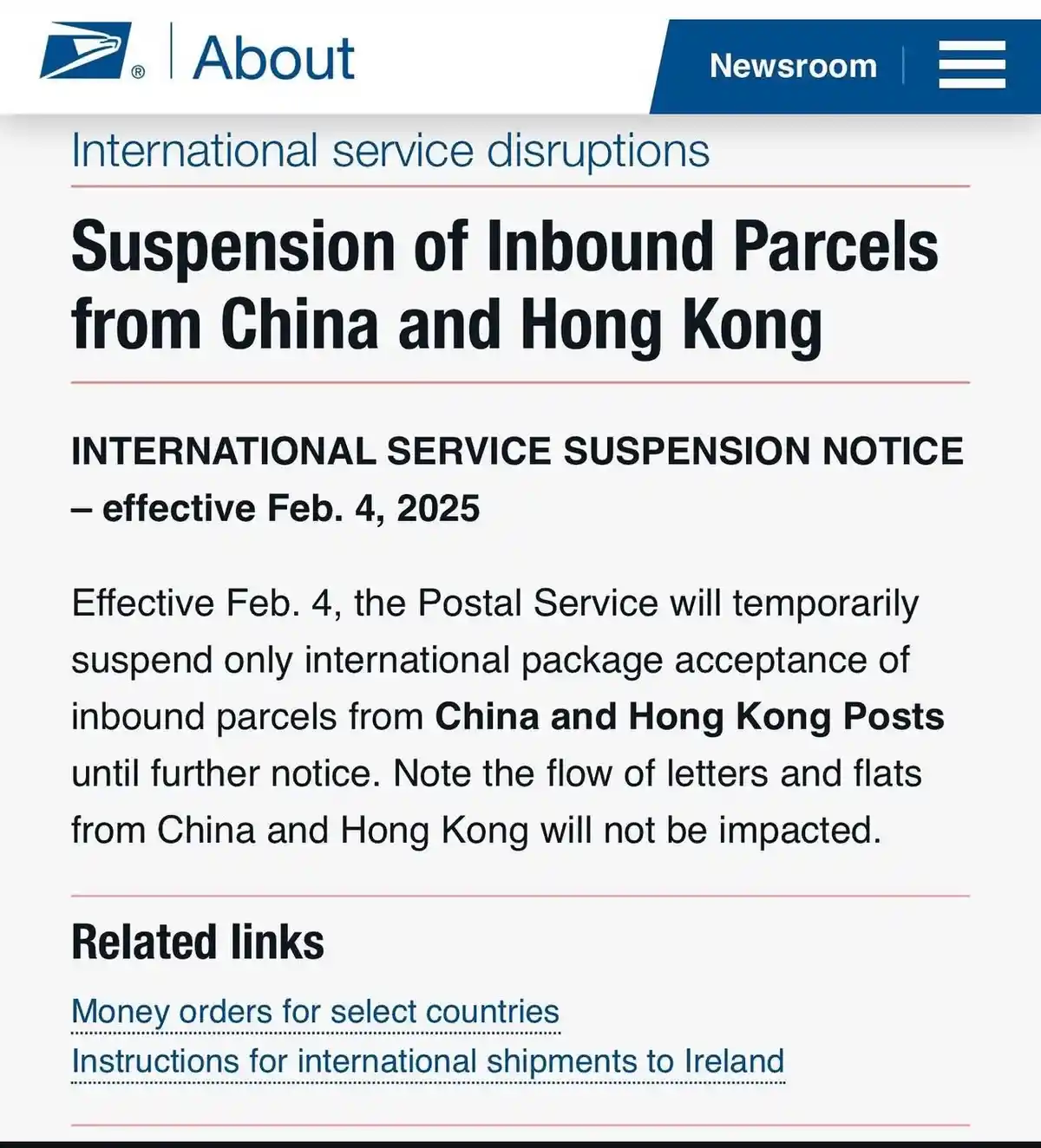 A screenshot of a USPS official notice titled 'Suspension of Inbound Parcels from China and Hong Kong' dated February 4…