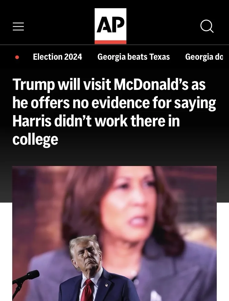 The image shows a screenshot of an AP news article header with the headline 'Trump will visit McDonald's as he offers no…