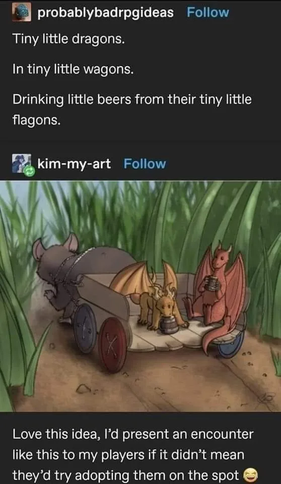 The image shows two small, cartoon-style dragons sitting in a tiny wooden wagon pulled by a small, grey, rat-like creature…