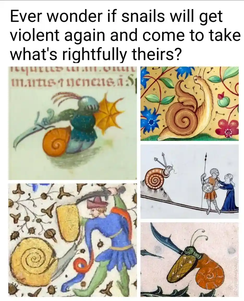 A collage of five medieval manuscript illustrations showing snails in various combat or aggressive scenarios, including one…