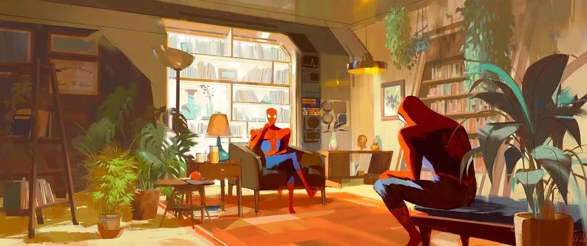 Two Spider-Man characters sit in a warmly lit, plant-filled living room. One sits in a chair facing forward, while the other…