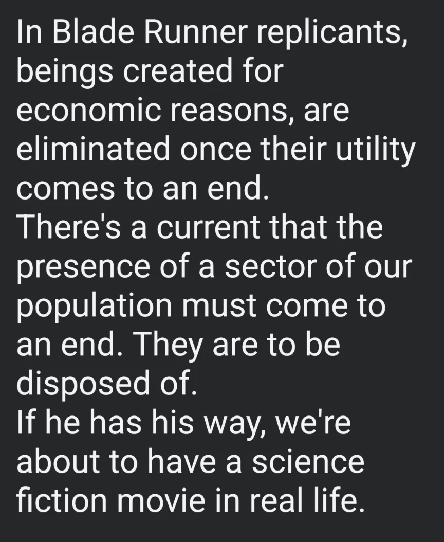 The image displays a plain black background with white text quoting a passage from the movie Blade Runner, discussing how…
