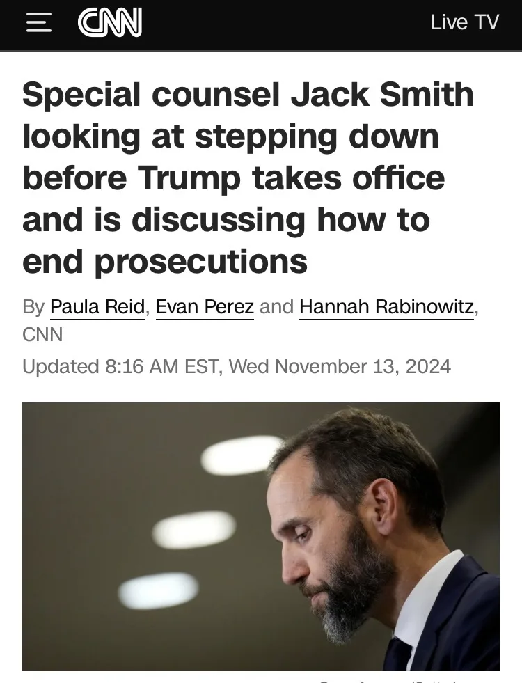 A screenshot of a CNN news article from November 13, 2024, featuring a photo of Jack Smith looking down with a somber…