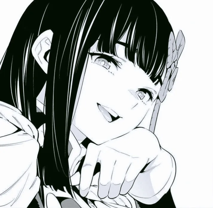 A black-and-white anime-style illustration of a young woman with long dark hair and bangs, smiling mischievously while…