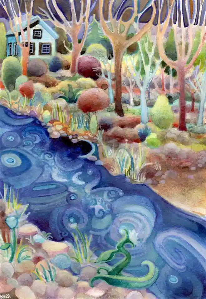 A watercolor painting depicts a whimsical, stylized landscape with bare trees, colorful bushes, and a blue stream with…