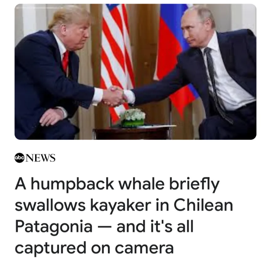 The image shows Donald Trump and Vladimir Putin shaking hands in front of American and Russian flags. The overlaid text…