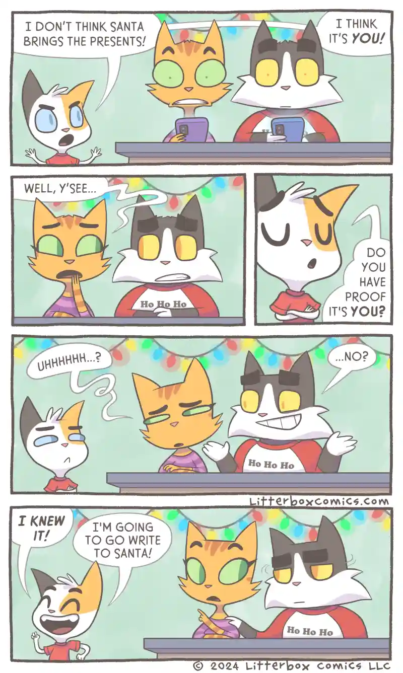 A four-panel comic strip featuring three anthropomorphic cats in a festive setting with string lights. The white and orange…