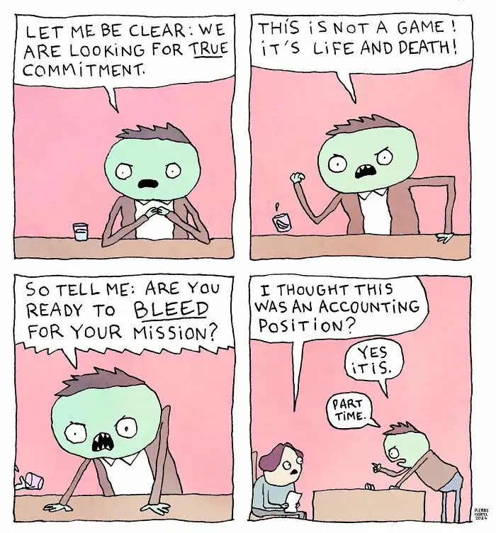 A four-panel comic strip shows a green-skinned zombie-like man dramatically recruiting someone for a high-stakes mission…