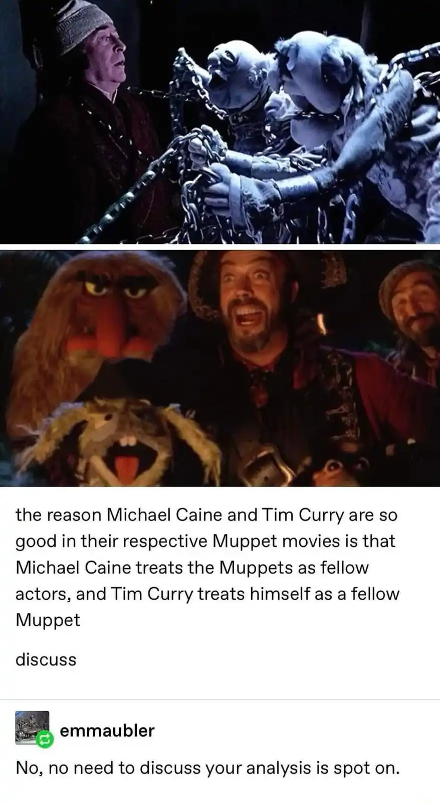 The top panel shows actor Michael Caine looking at two chained, blue-skinned Muppet-like creatures. The bottom panel shows…