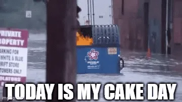 A blue dumpster on fire in floodwaters is shown in six panels, each with the text 'TODAY IS MY CAKE DAY' overlaid. The…