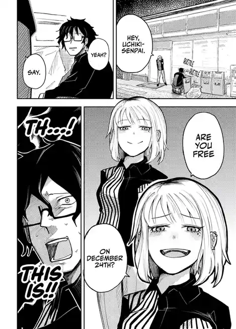 A black-and-white manga panel shows a girl asking a boy if he's free on December 24th, causing him to react with shock and…