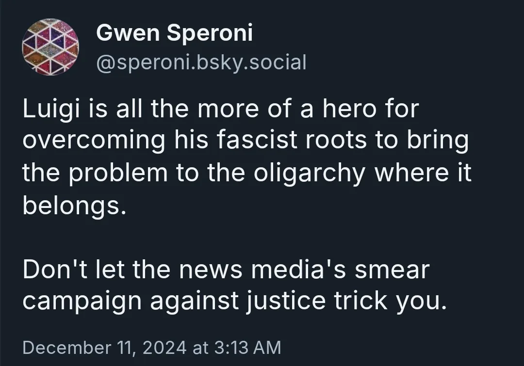 A screenshot of a social media post by Gwen Speroni, featuring white text on a dark background. The post reads: 'Luigi is…