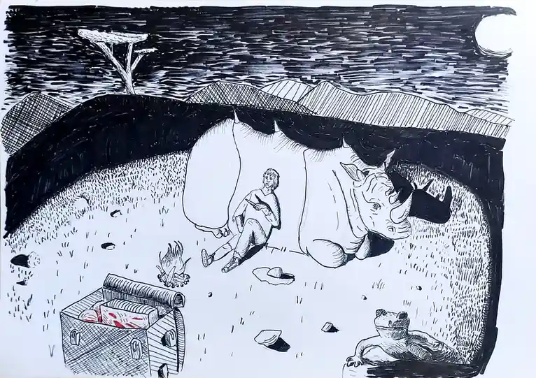 A black-and-white ink drawing depicts a person sitting calmly beside a large rhino in a savanna setting under a moonlit sky…