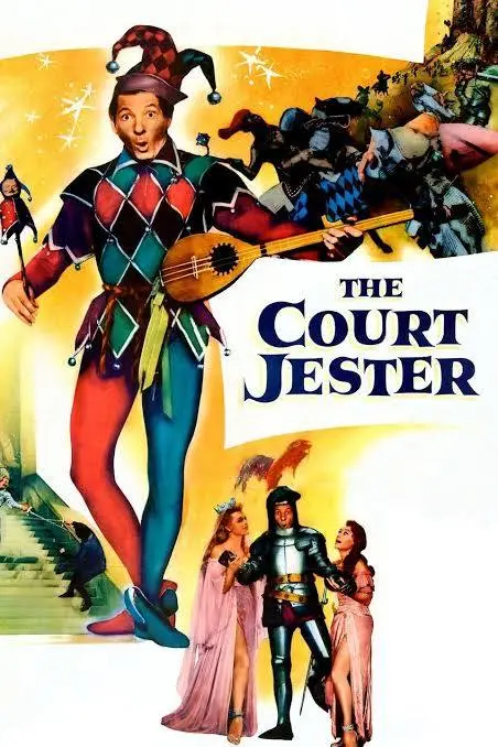 A vintage movie poster for 'The Court Jester' shows a large, colorful jester in a diamond-patterned costume holding a lute…