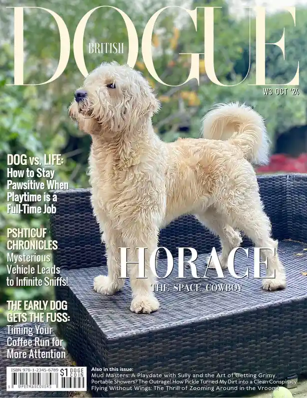 A light-colored, fluffy dog stands on a dark wicker outdoor chair, posing as the cover of a magazine titled 'BRITISH DOGUE'…