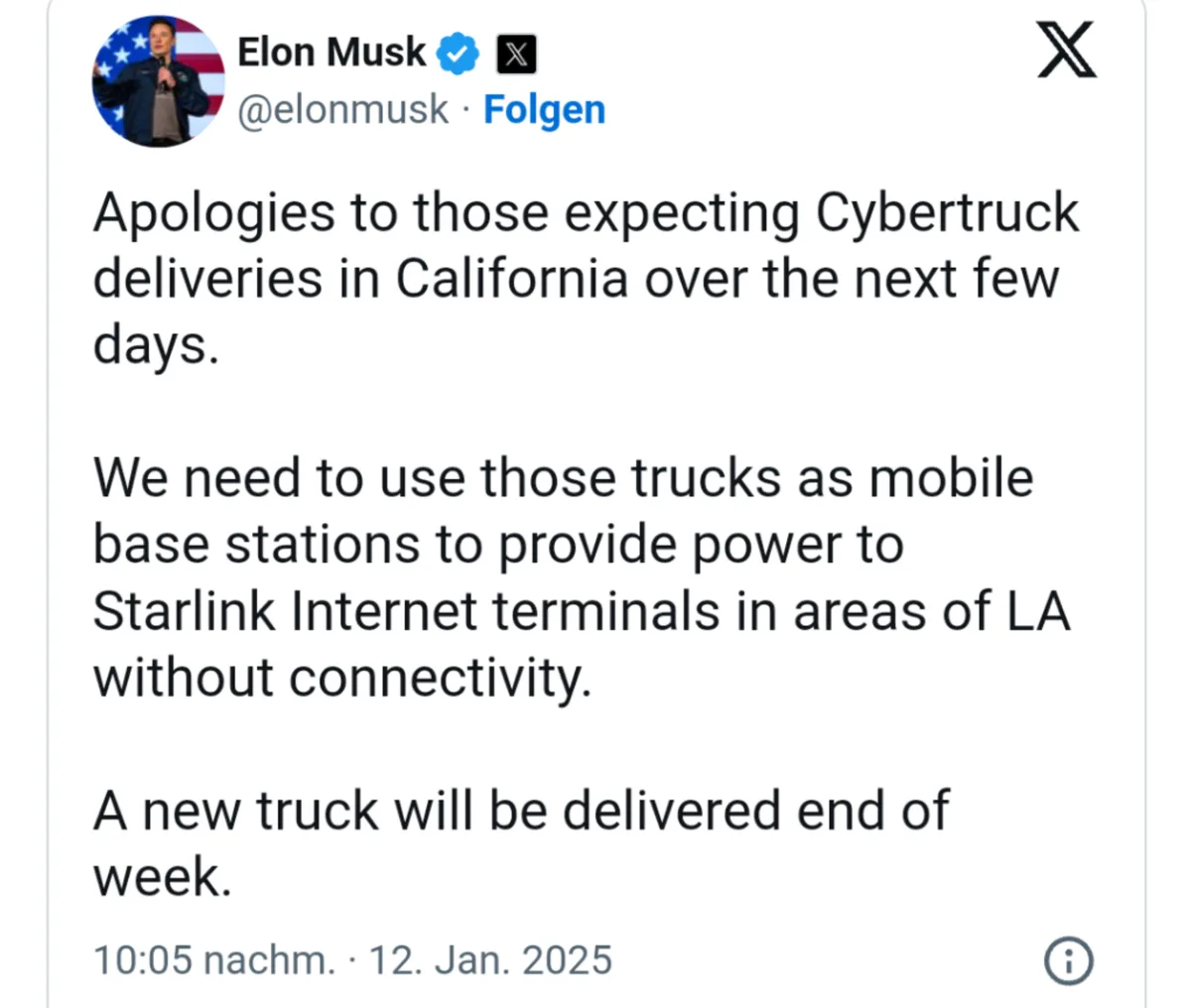 A screenshot of a tweet from Elon Musk's verified X account, dated January 12, 2025, apologizing for delayed Cybertruck…