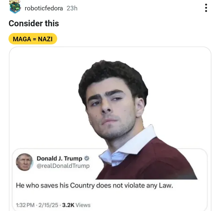 A screenshot of a tweet from Donald J. Trump, overlaid with a photo of a young man with dark hair and a maroon sweater…