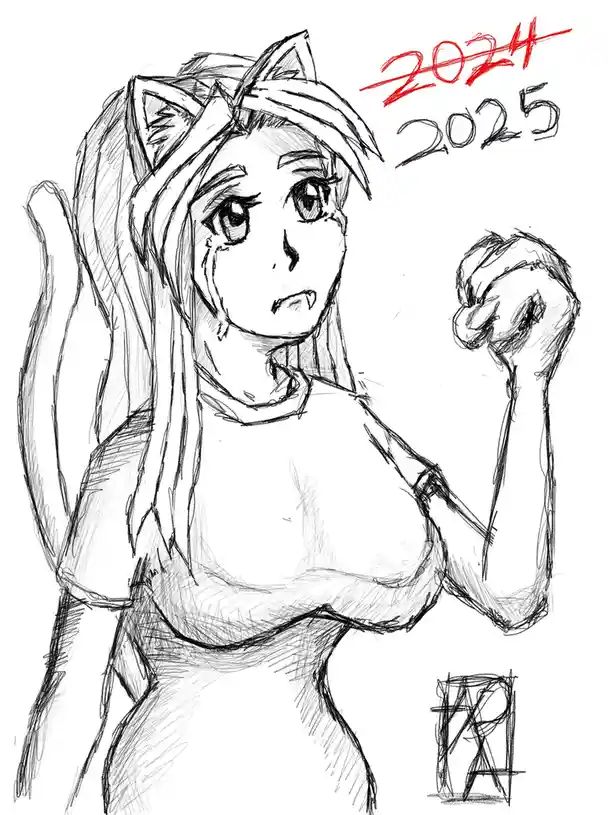 A black-and-white sketch of an anime-style female character with cat ears and a tail, flexing her bicep with a determined…