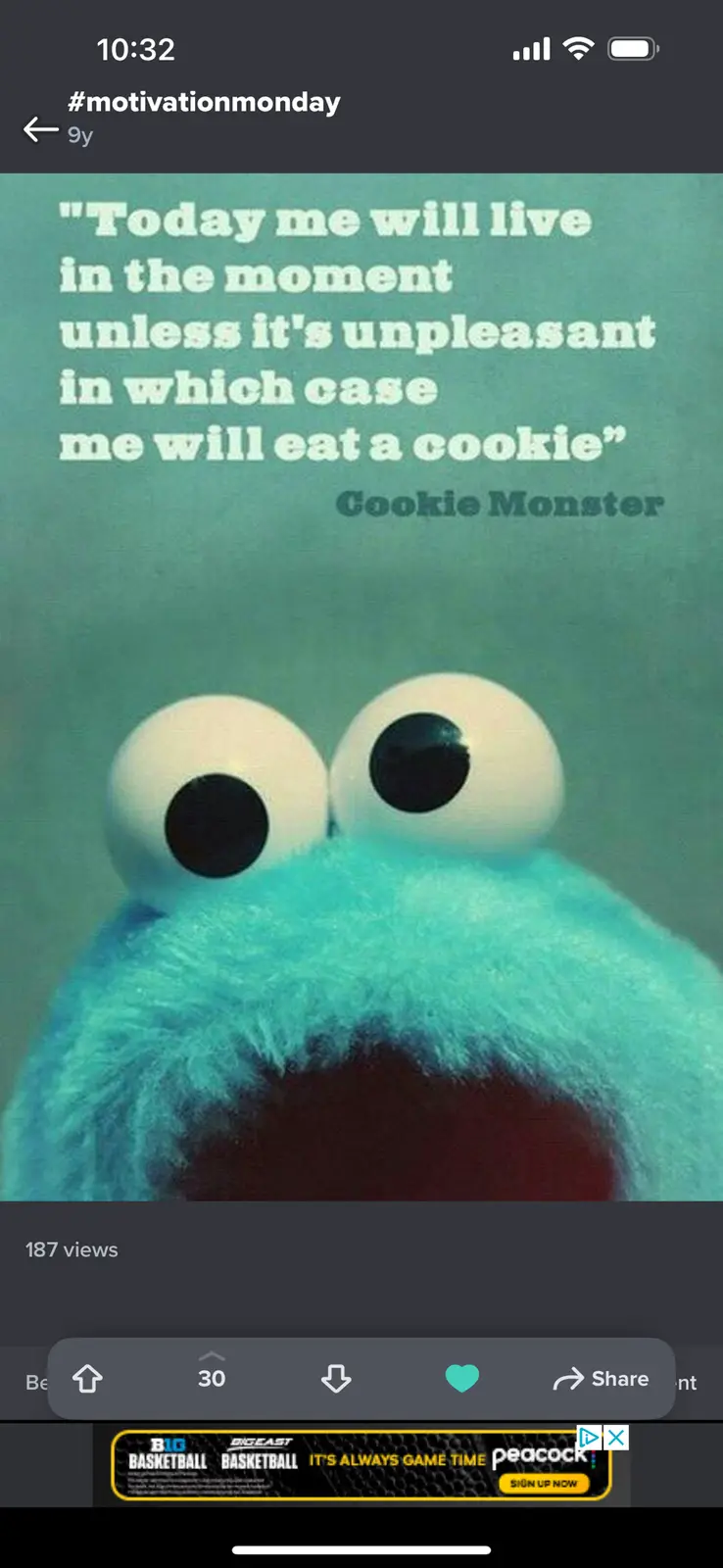 A close-up image of the blue, furry Cookie Monster puppet with large, round eyes, set against a teal background. Overlaid…