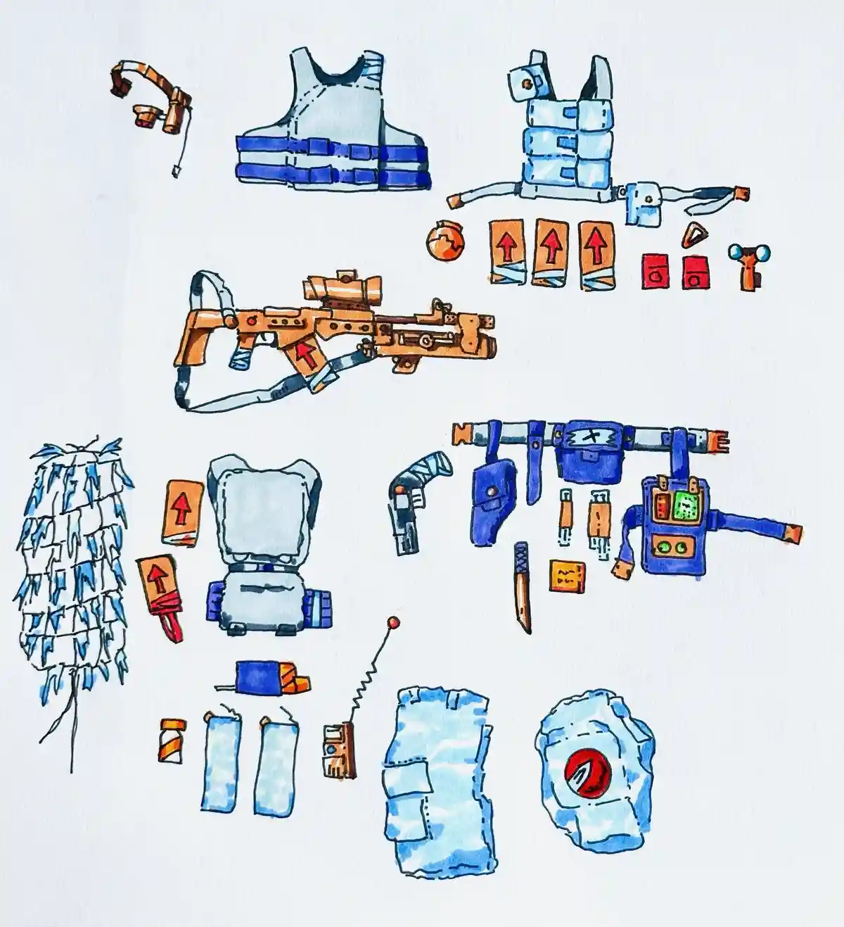 A hand-drawn watercolor illustration displays various pieces of tactical gear, including vests, a rifle, a backpack, and…
