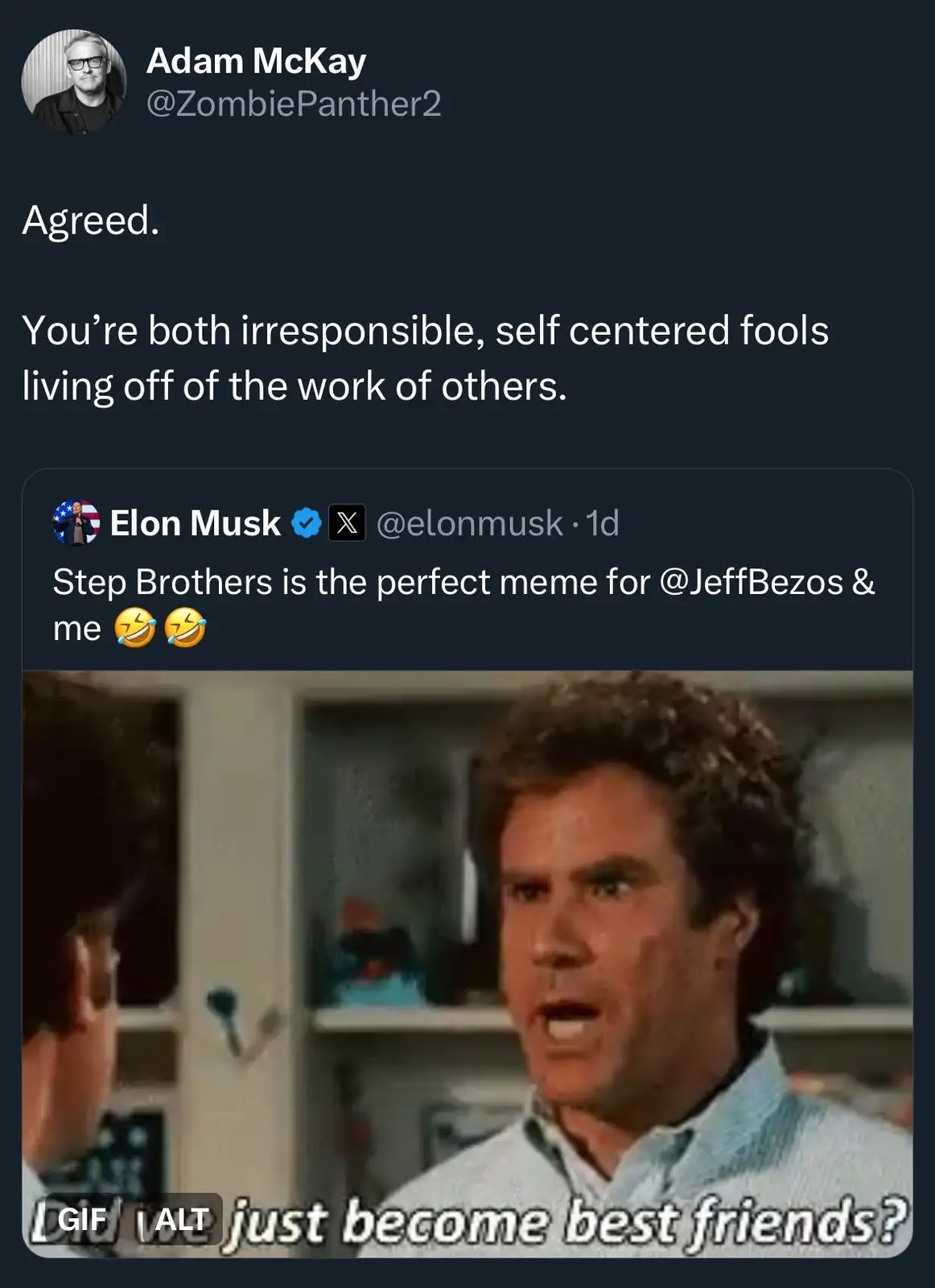 A screenshot of a Twitter thread shows Adam McKay replying 'Agreed.' to Elon Musk's tweet that 'Step Brothers is the perfect…