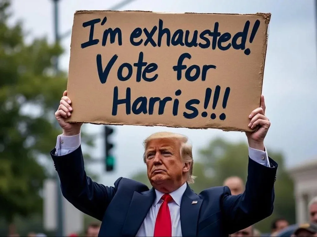 A man in a dark suit and red tie holds up a cardboard sign with black marker text that reads 'I'm exhausted! Vote for…