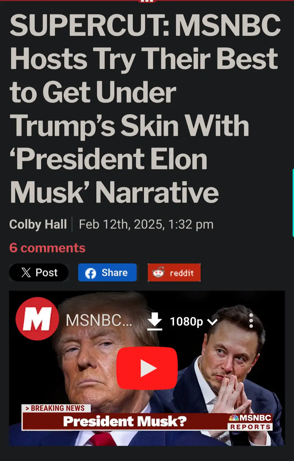The image shows a mock news article screenshot with a headline about MSNBC hosts reacting to a 'President Elon Musk'…