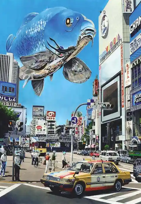 A surreal painting depicts a massive, metallic blue fish with reflective scales flying over a bustling Japanese city street…