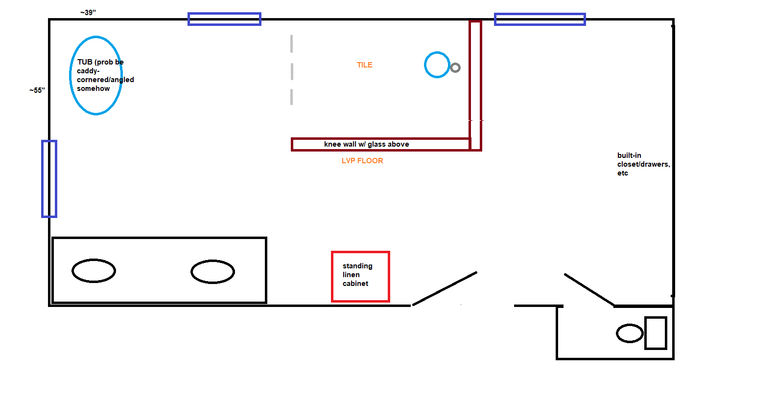 A hand-drawn bathroom floor plan with labeled fixtures including a tub, toilet, sink, and standing linen cabinet. Text…